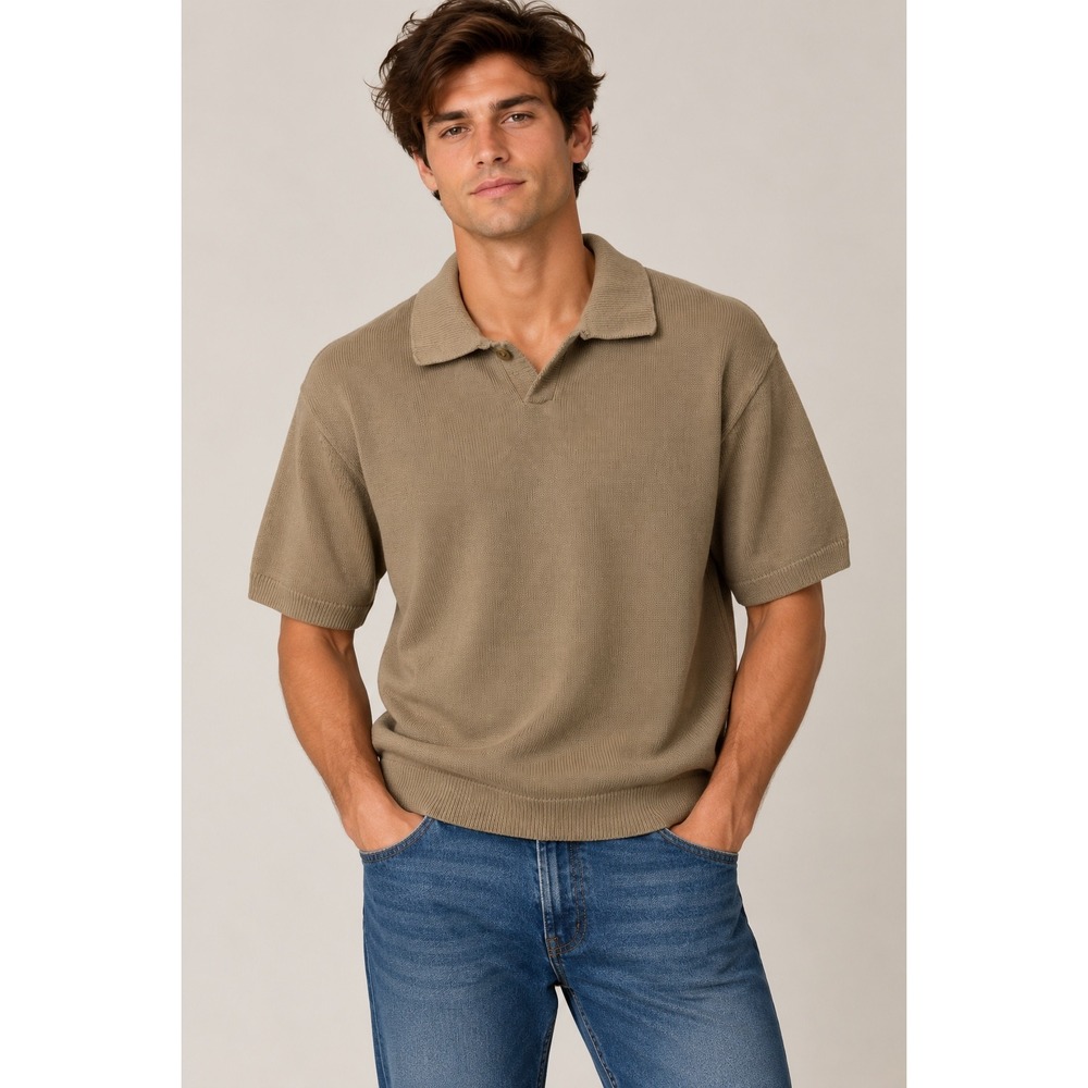 Zara Origins Tan Knit Cotton Linen Blend Short Sleeve Preppy Polo Shirt, M